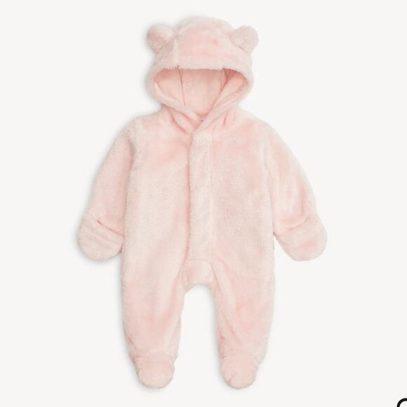 New Magnetic Me Pink Minky Pram Bear Hooded Winter Baby Footie Suit 6-9 Months - Picture 1 of 7